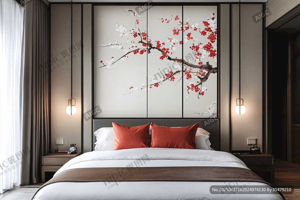 中式典雅卧室 梅花挂画添韵