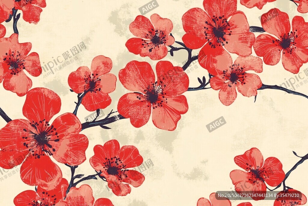 手绘红花朵枝背景图案
