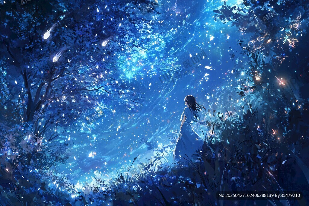 梦幻星空下的孤独少女