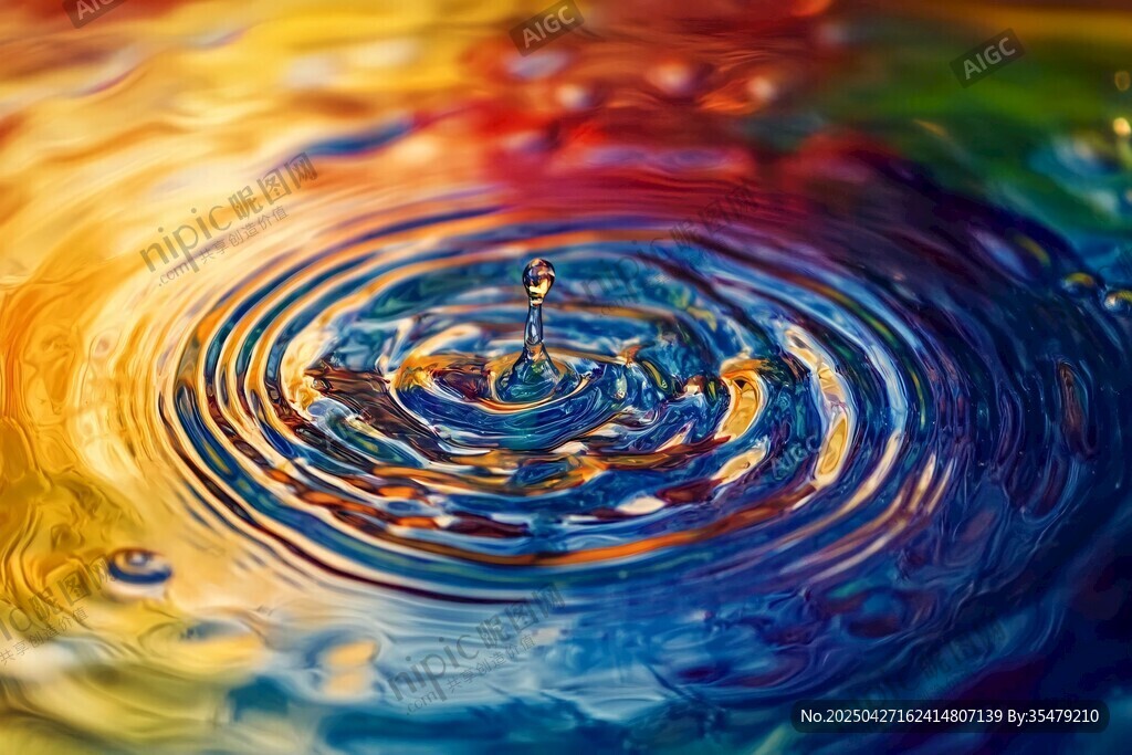 彩色水滴落水面涟漪景象