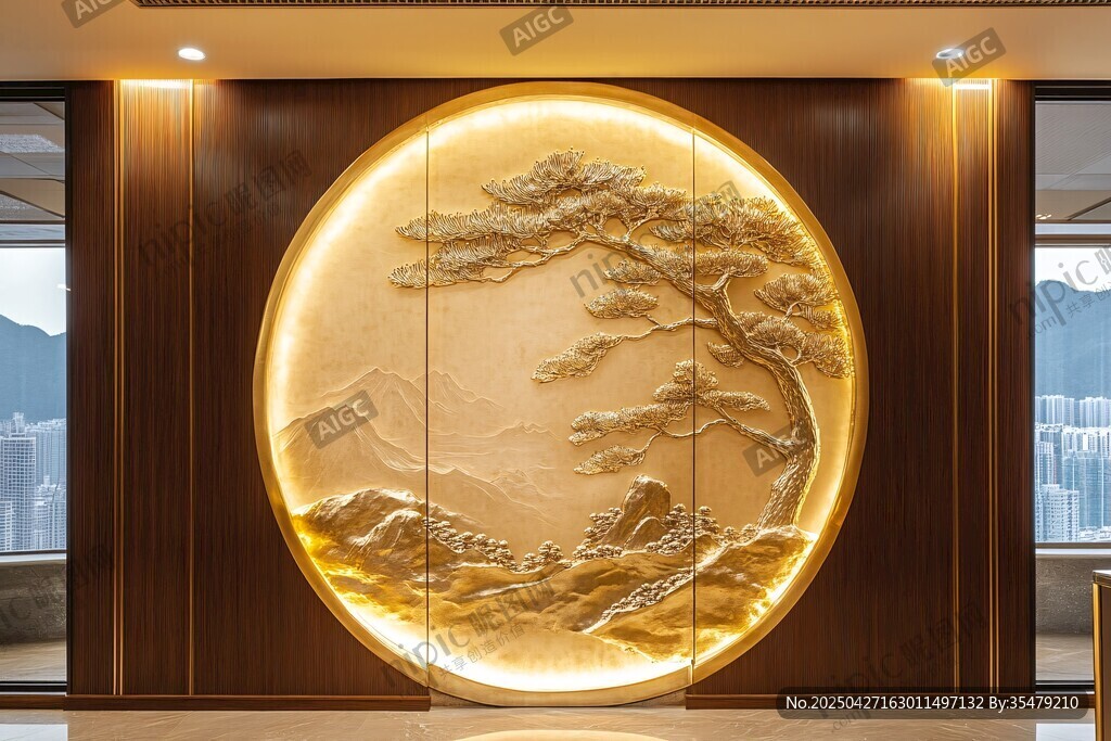中式圆形松景浮雕艺术墙