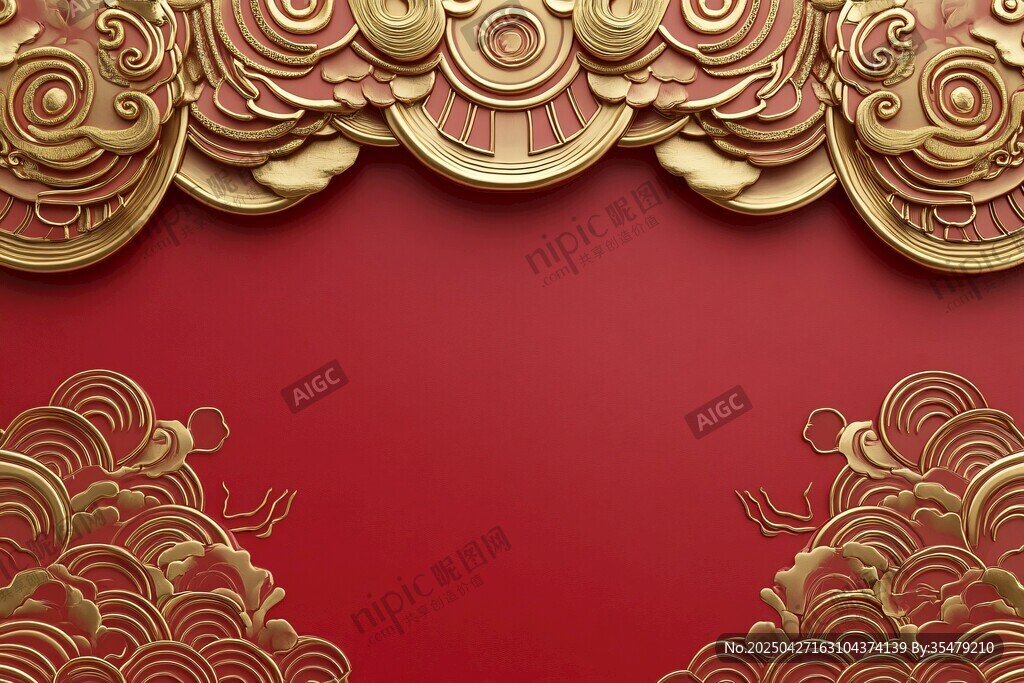 中式红底金色云纹装饰图