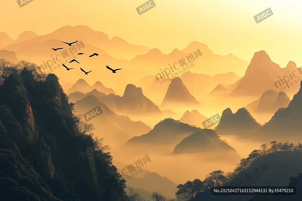 日暮山峦飞鸟图
