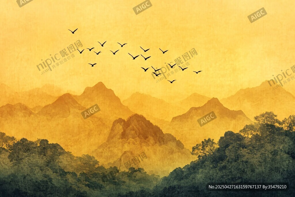 群鸟翱翔于山水之间