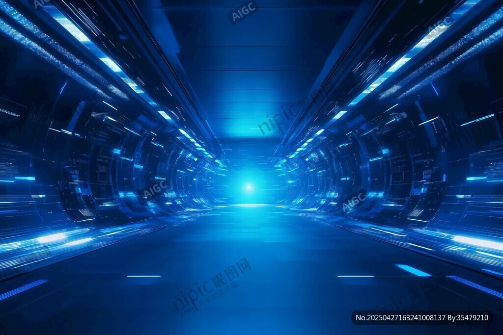 未来科技感的蓝色光影隧道