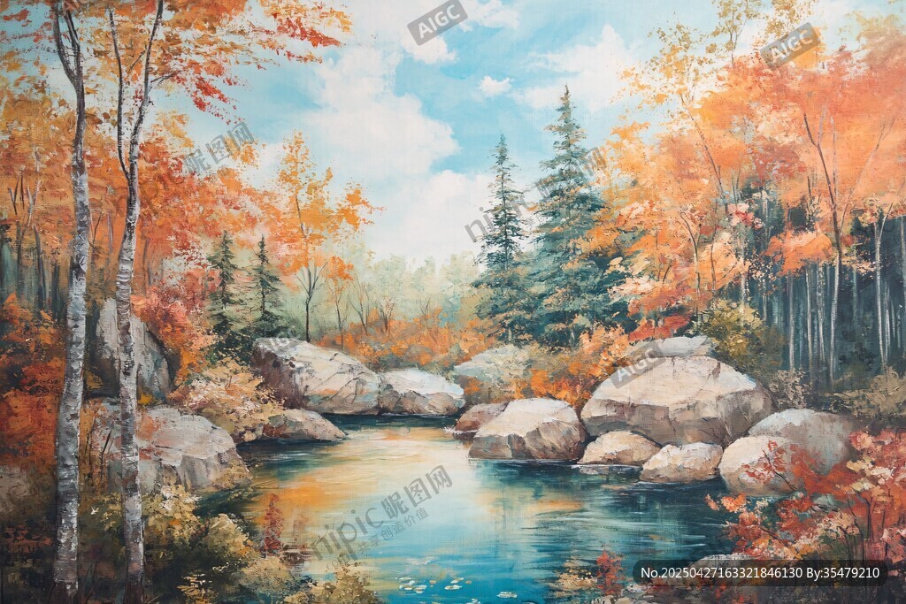 秋日林间溪流油画美景