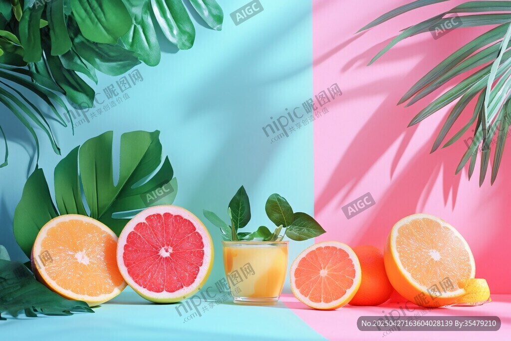 多彩背景下的柑橘类水果