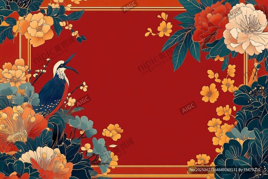 中式花鸟喜庆红色背景图