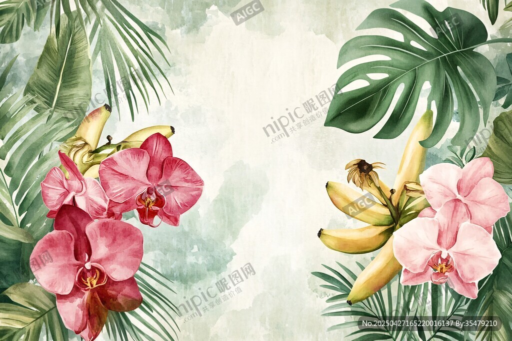 热带花卉与香蕉植物插画