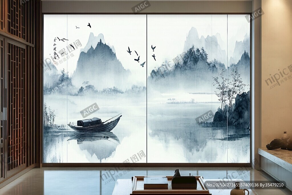 中式山水意境客厅推拉门画