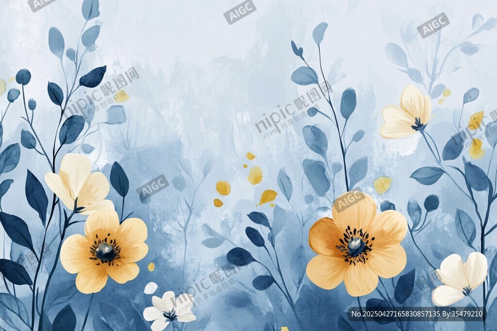 蓝调花卉插画背景图