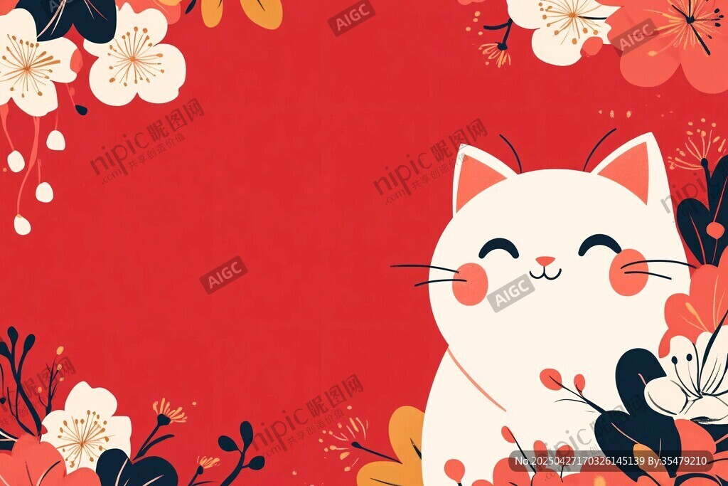 可爱猫咪与花卉喜庆画面