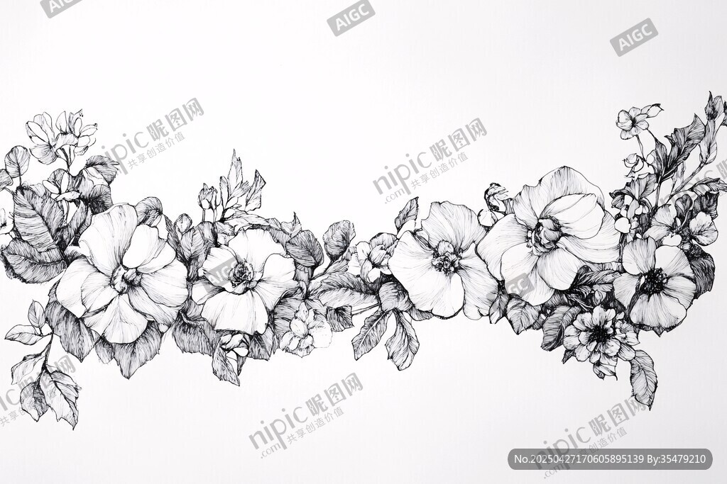 手绘花卉花环线条图