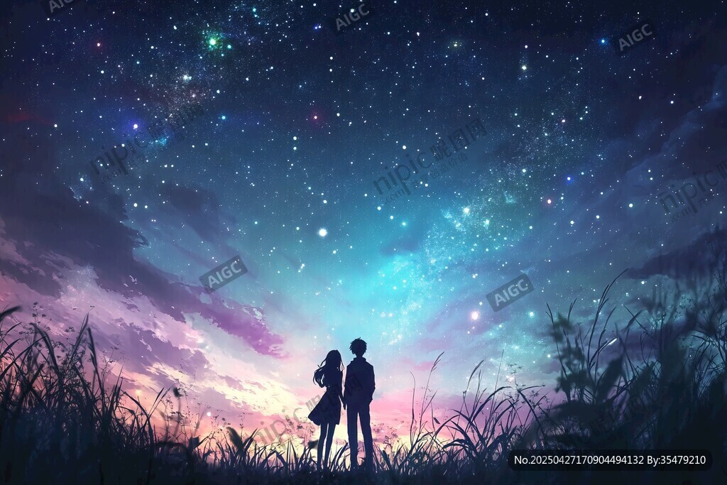 浪漫星空下的情侣剪影