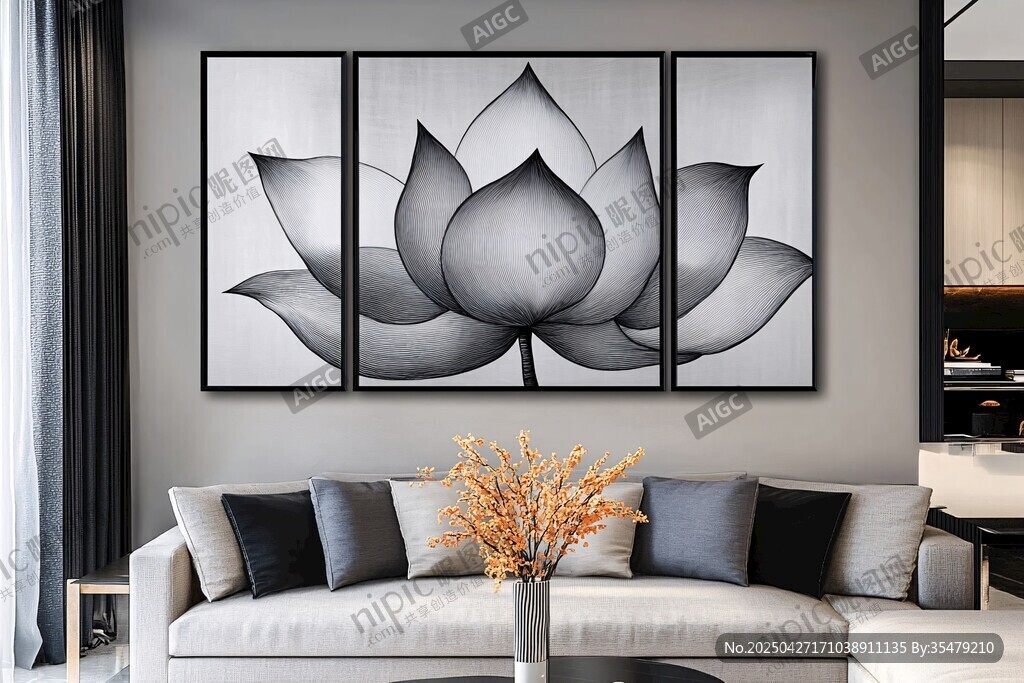 黑白莲花三联画装饰客厅