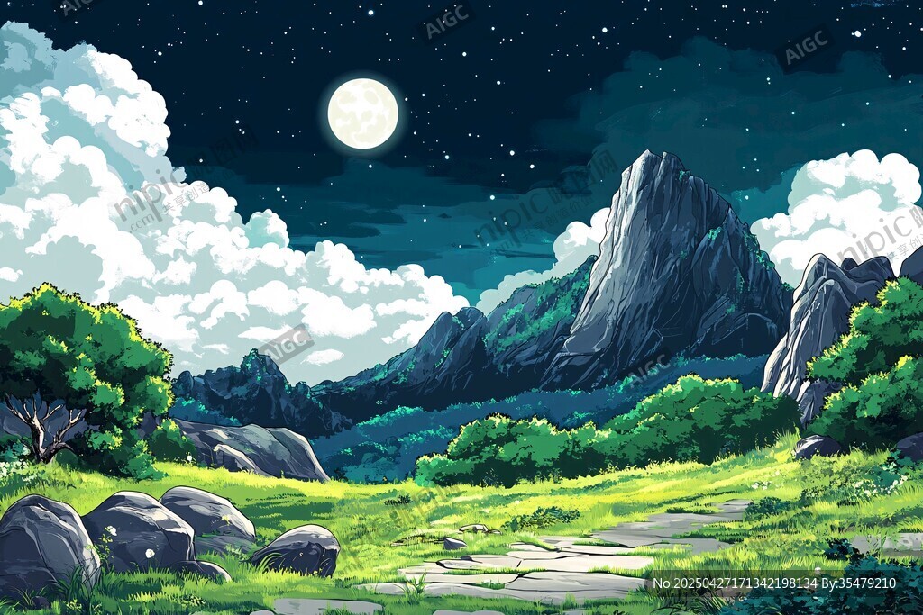 月夜山间小径奇幻美景