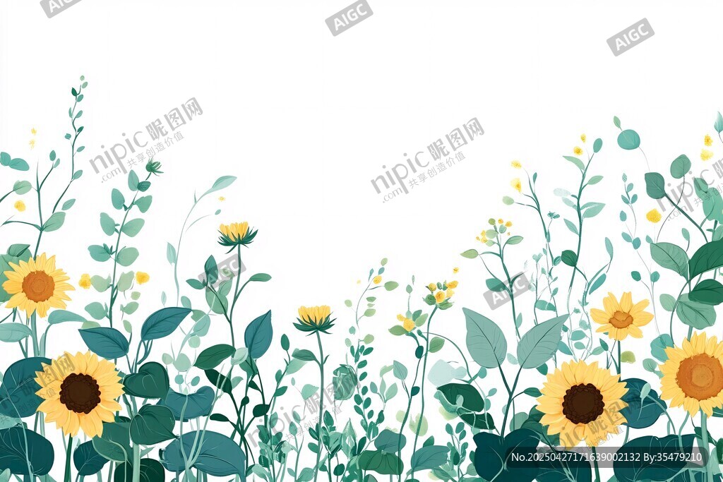 夏日向日葵花草边框插画
