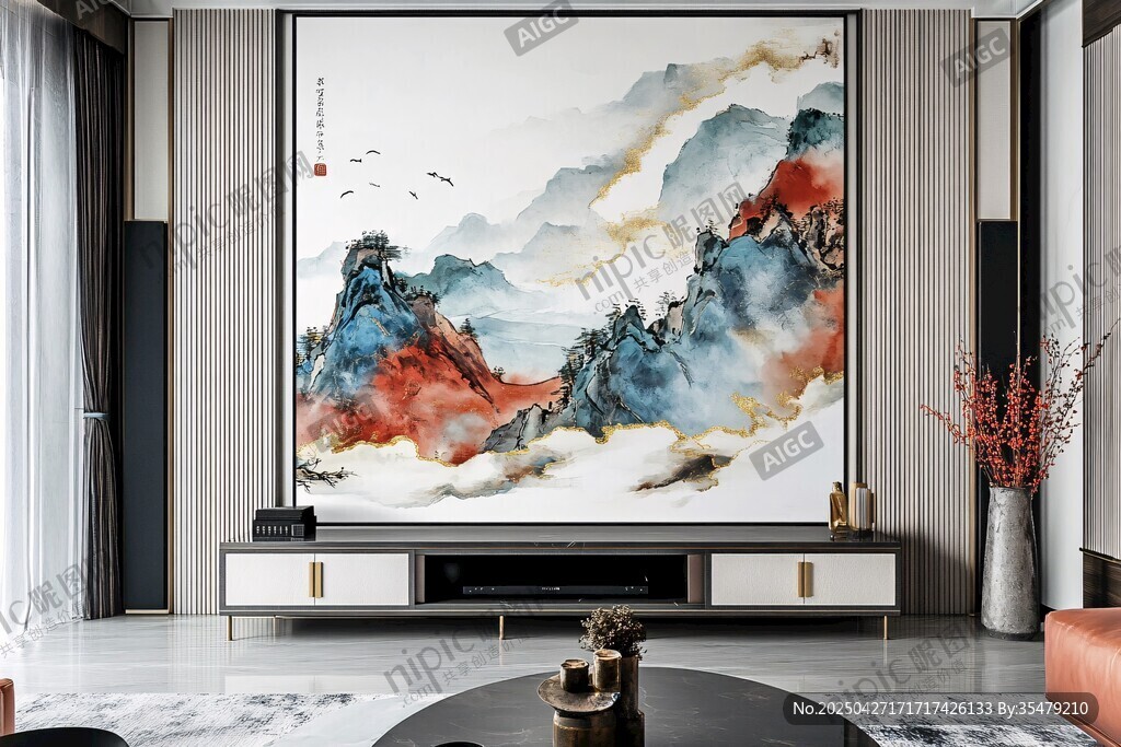 中式客厅中的山水艺术画作