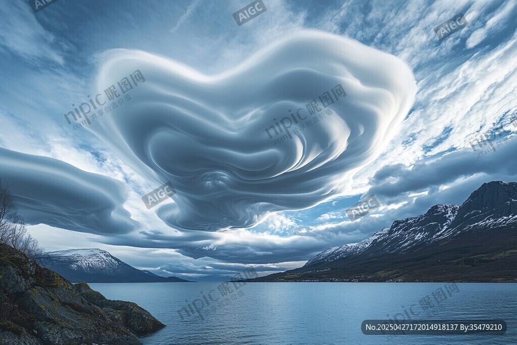 奇异心形云下的湖山美景