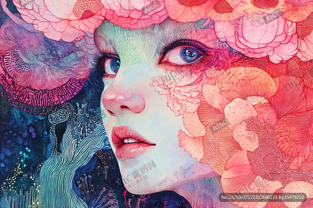 梦幻花卉环绕的奇幻少女