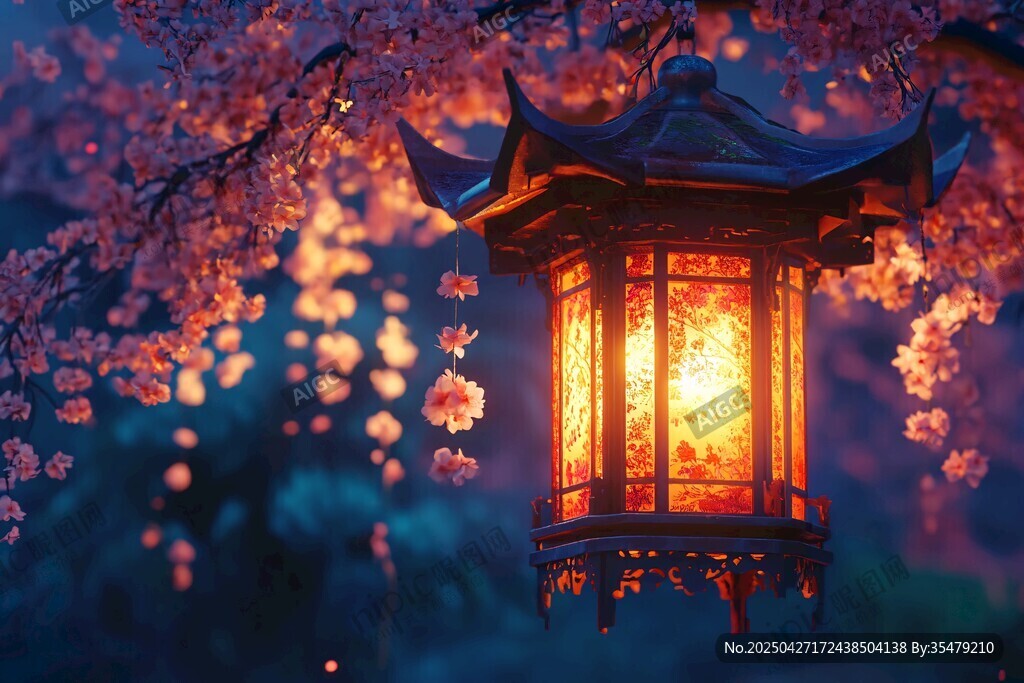 古风花灯下的烂漫樱花