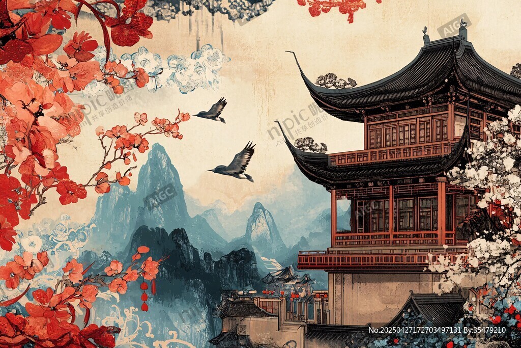 中式古风楼阁与花鸟景致
