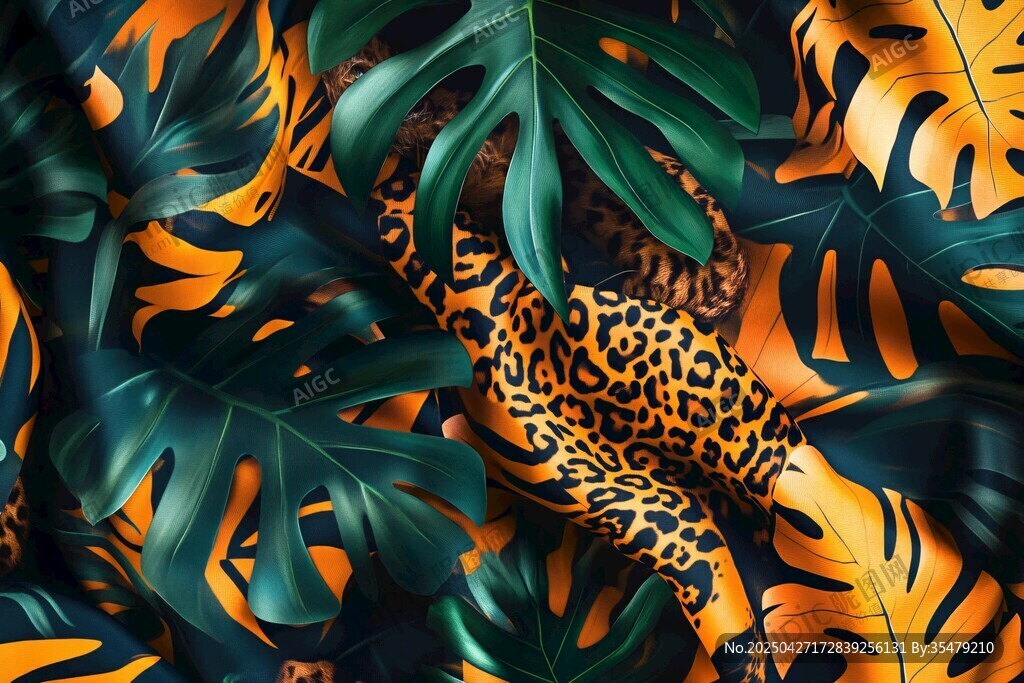豹纹与热带植物图案背景