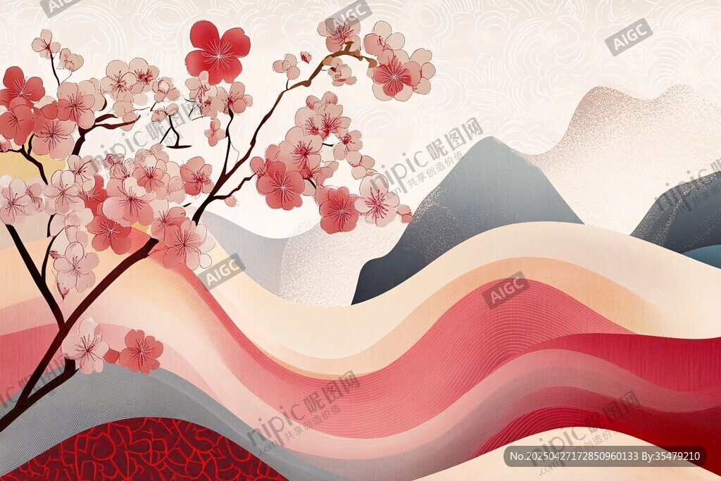春日山峦繁花中式图景