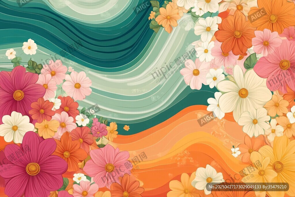 多彩花卉波浪背景插画