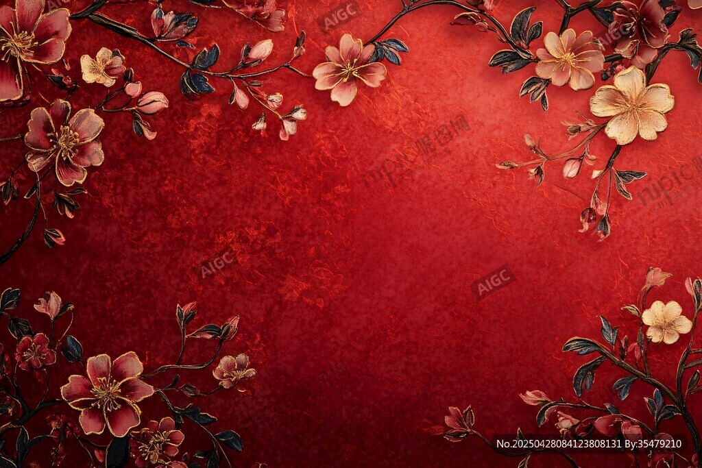 红底繁花中式背景图