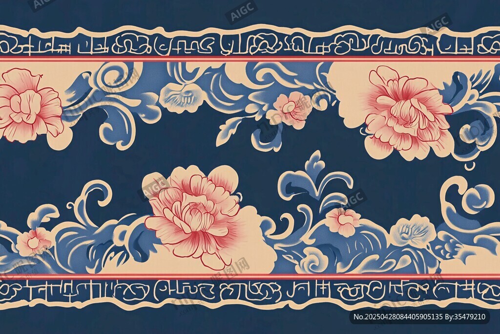 中式花卉波浪纹图案设计