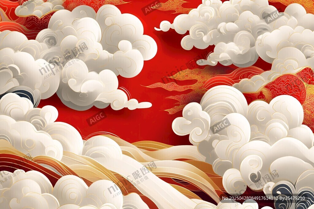 中式云海 红底祥瑞云浪图