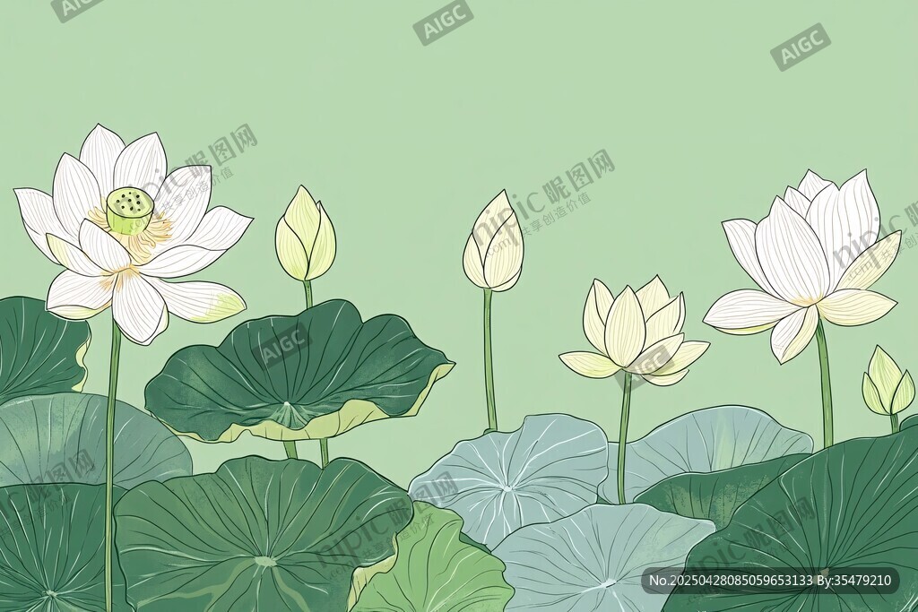夏日清新荷花荷叶插画