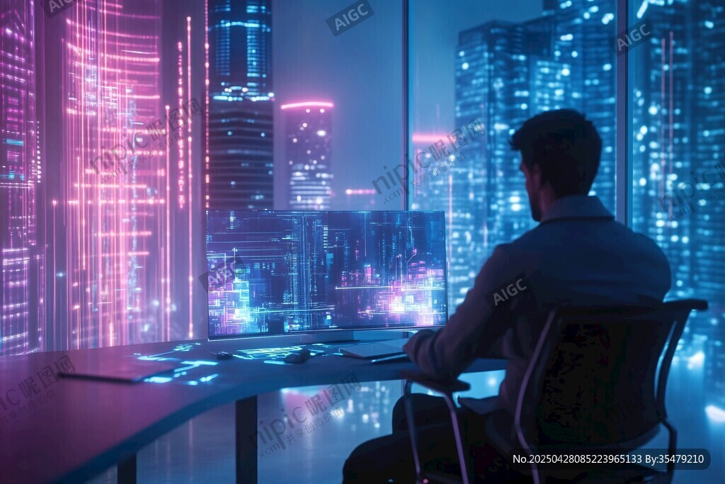都市夜中办公者的孤独身影