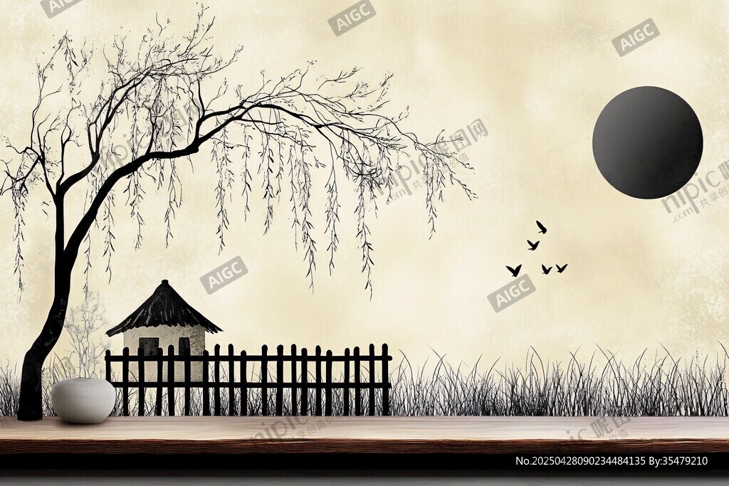 月下柳畔小屋诗意景致
