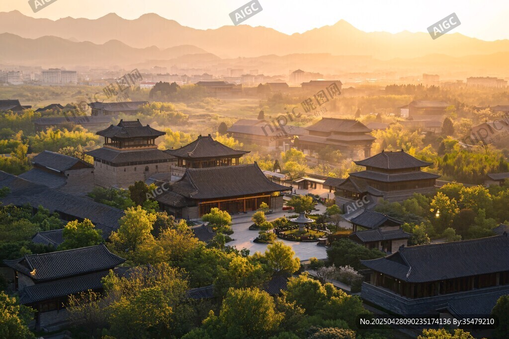 晨曦中的中式古建筑景观