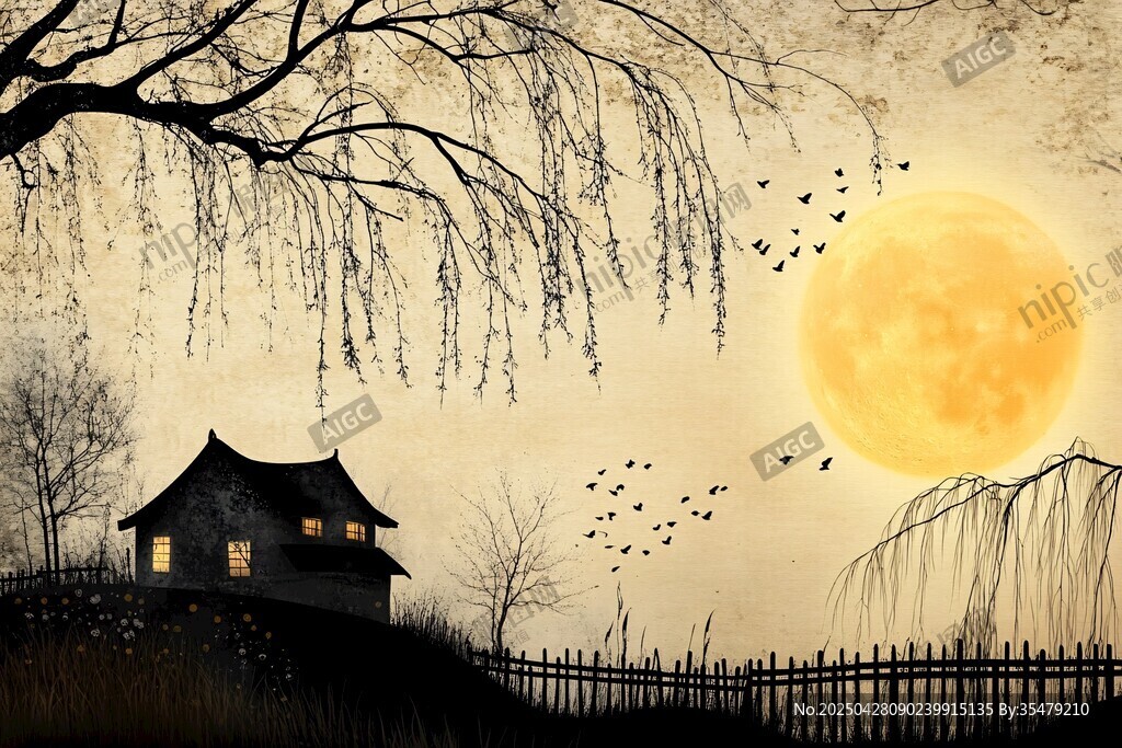 月夜下的静谧中式小屋