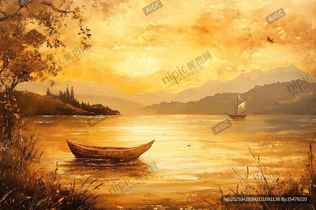 湖畔黄昏孤舟静谧美景
