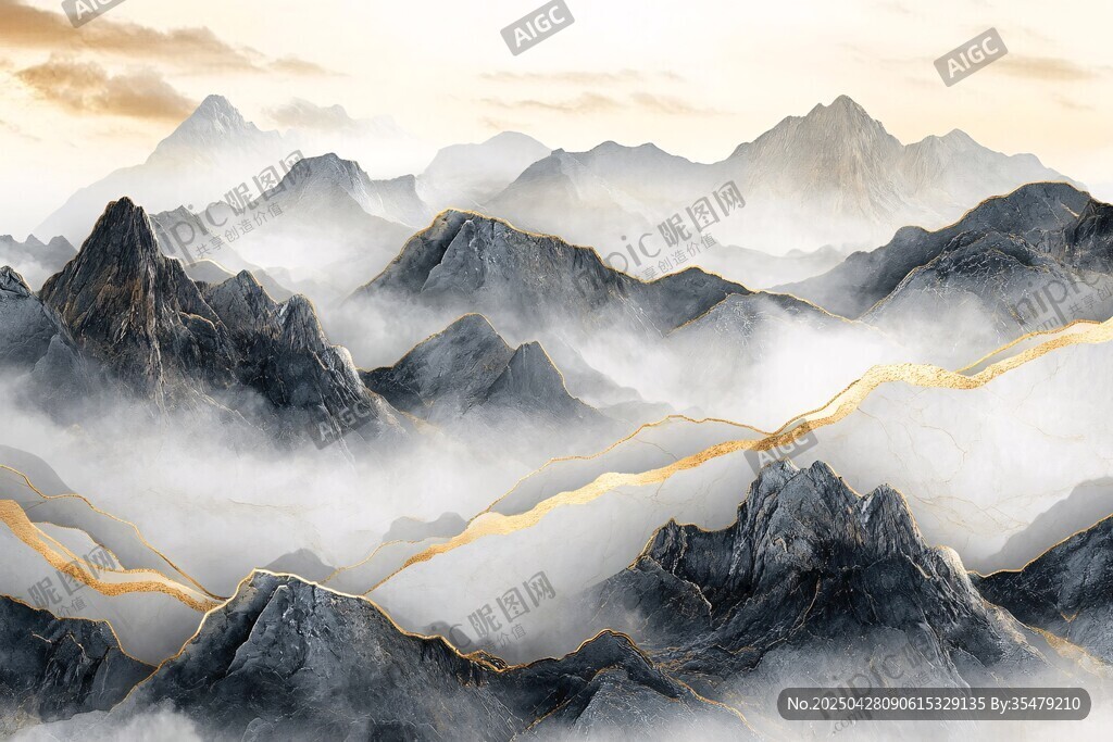 水墨金纹群山云海图景