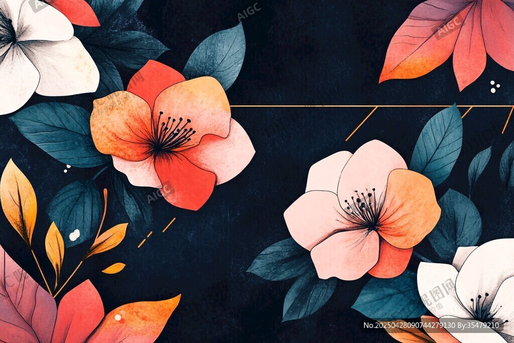 花卉图案 多彩花朵与绿叶