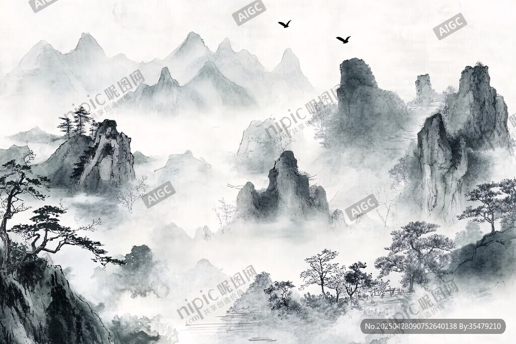 水墨山水间 飞鸟伴云雾