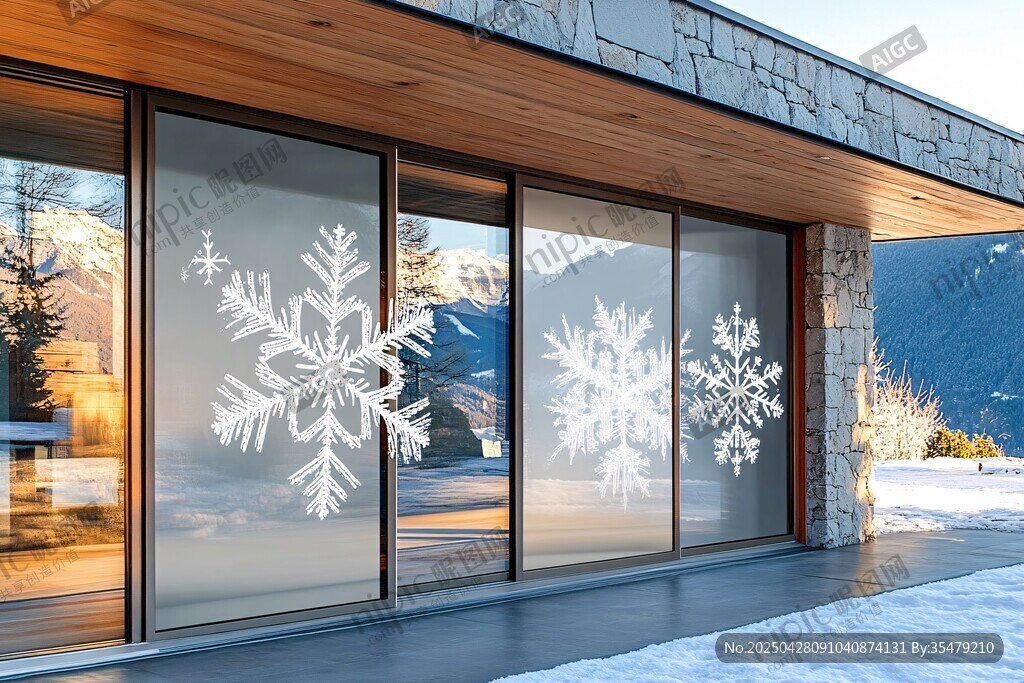 冬日房屋玻璃上的精美雪花