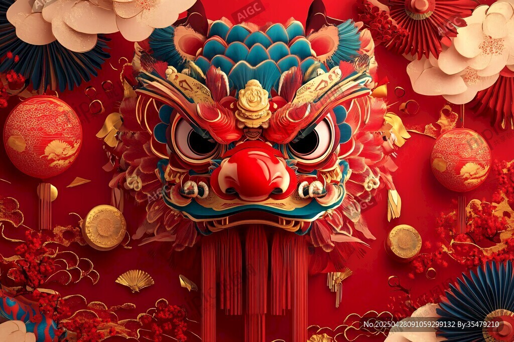 喜庆中国风舞狮头装饰图