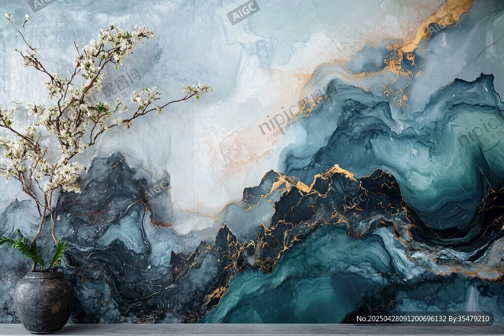 水墨山水风墙面与花卉景致