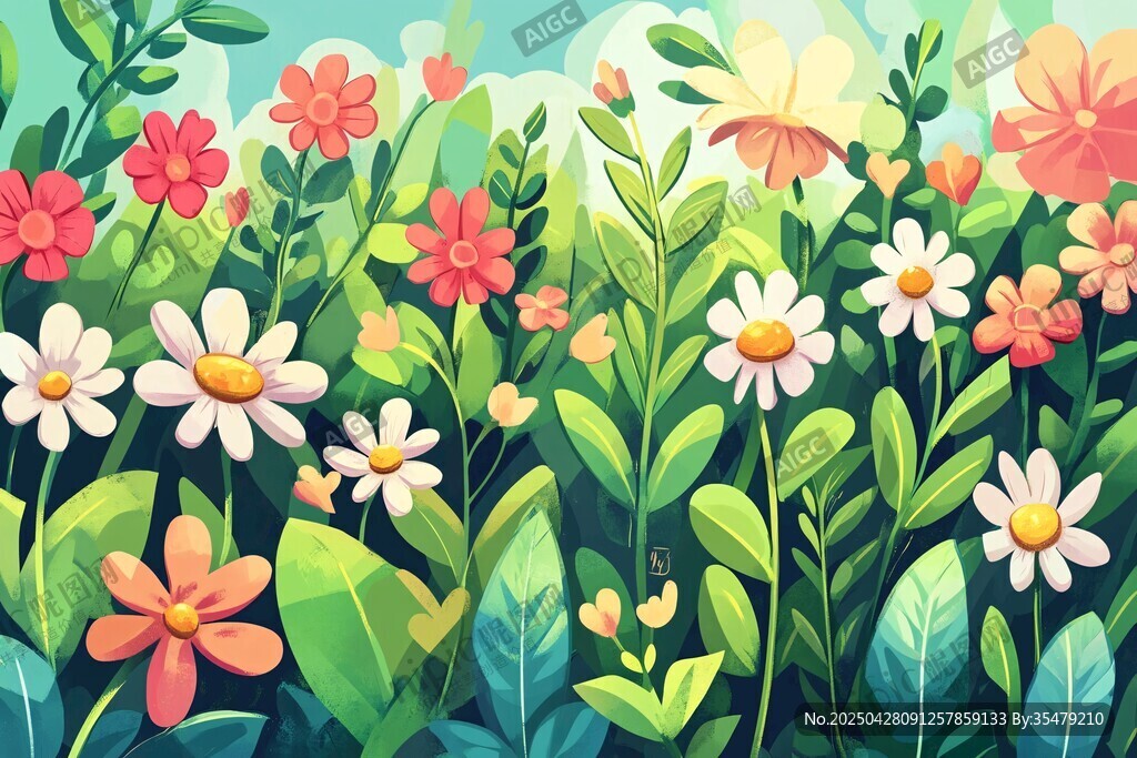 春日烂漫花卉插画场景