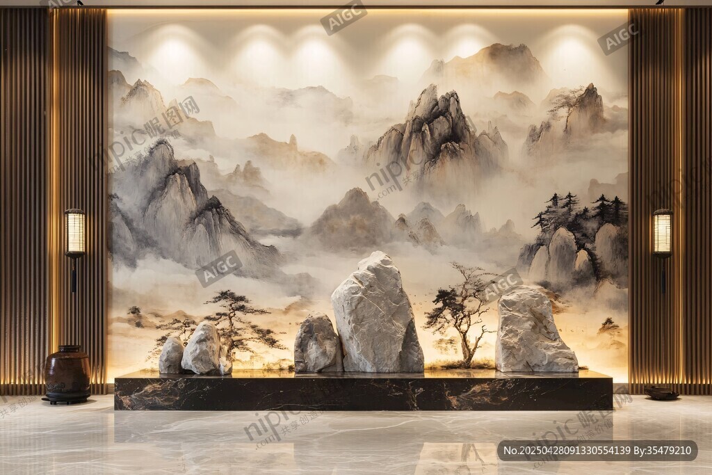中式山水玄关背景墙装饰