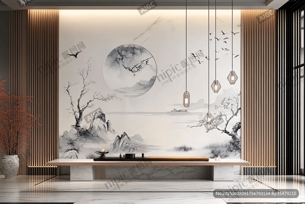 中式禅意客厅山水壁画背景