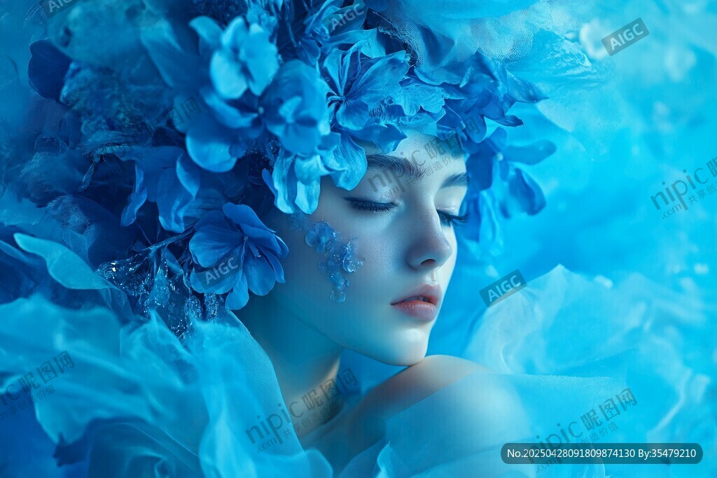 梦幻蓝调花饰女子肖像