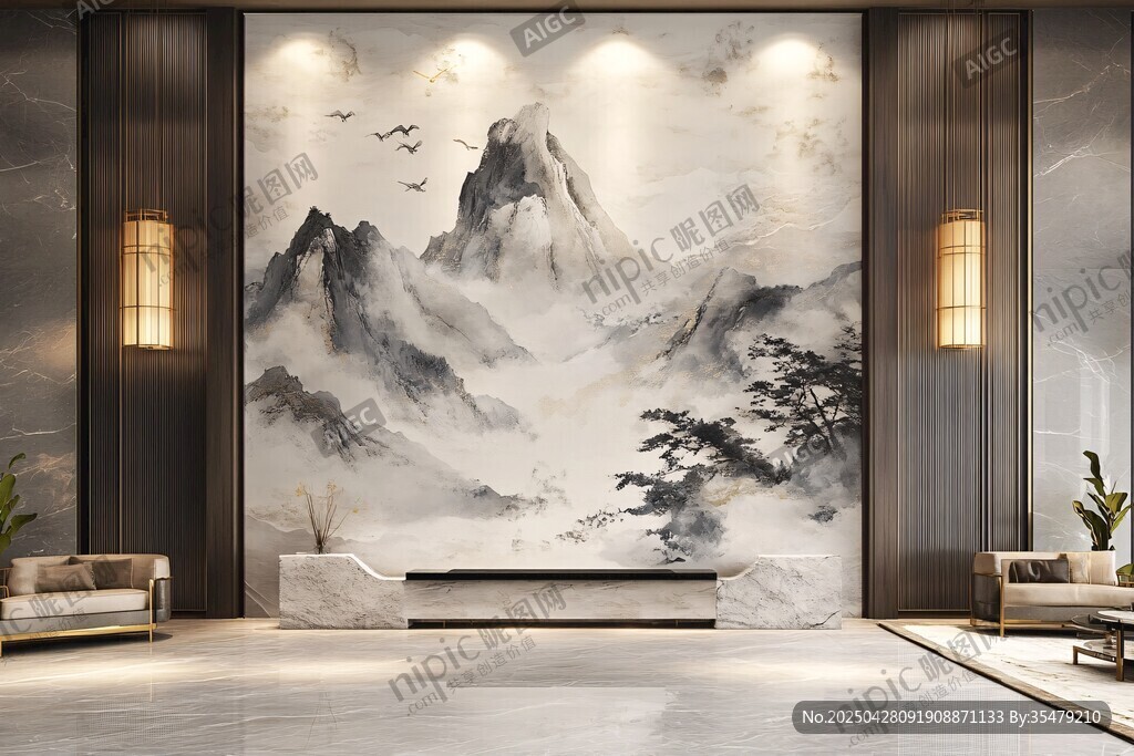 中式山水客厅背景墙装饰