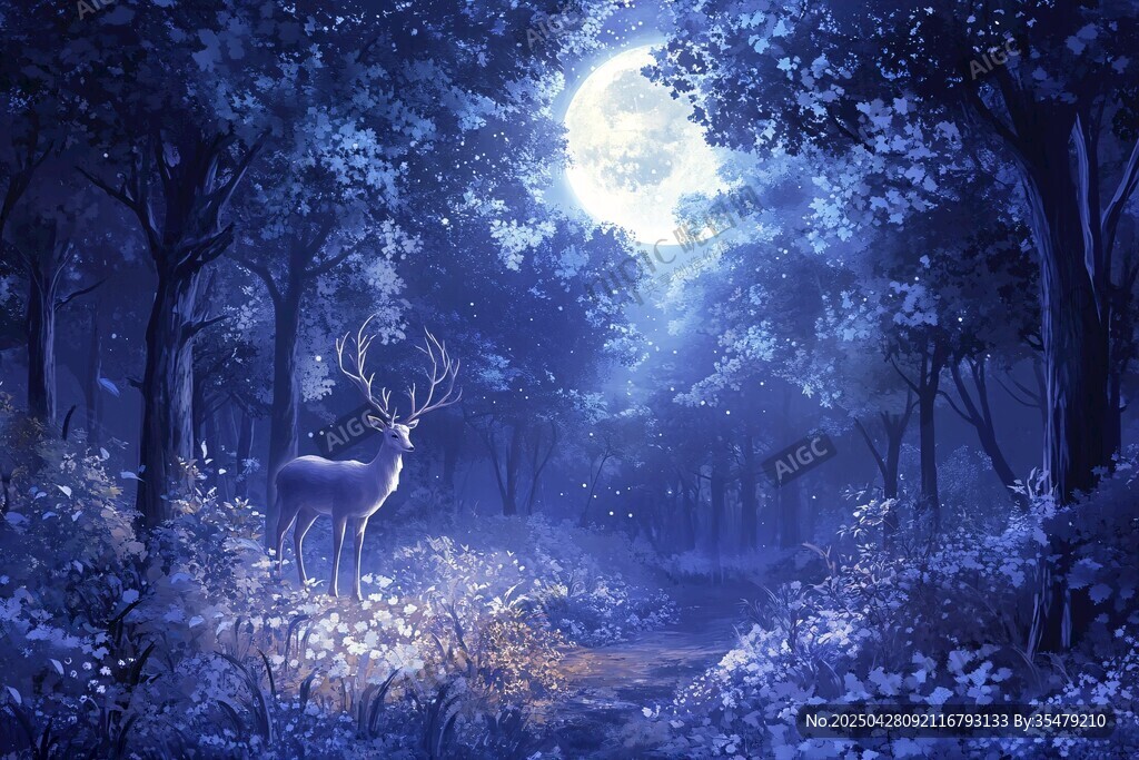 月夜森林中的梦幻雄鹿